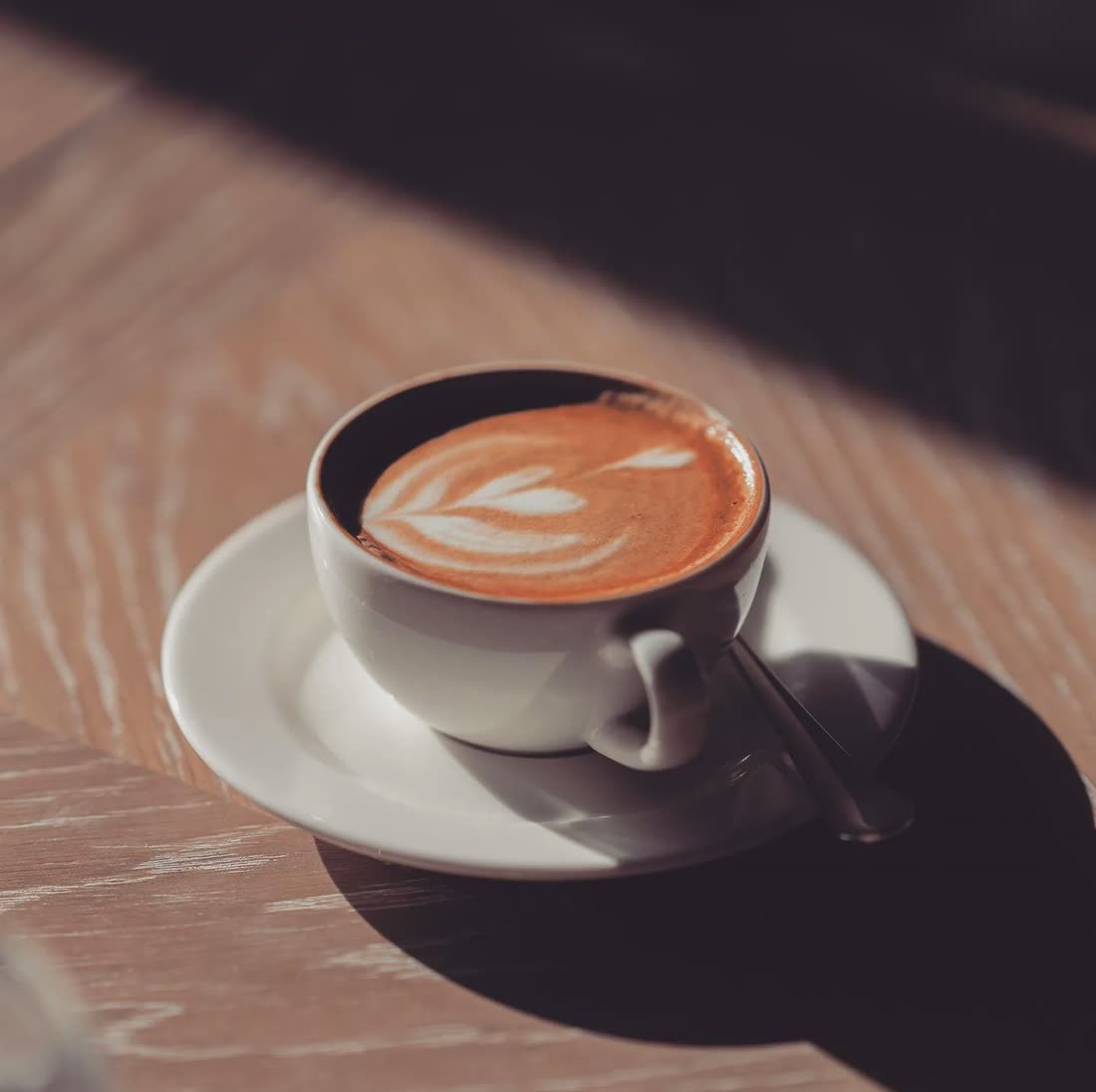Latte art in a Montauk cup on a marble counter